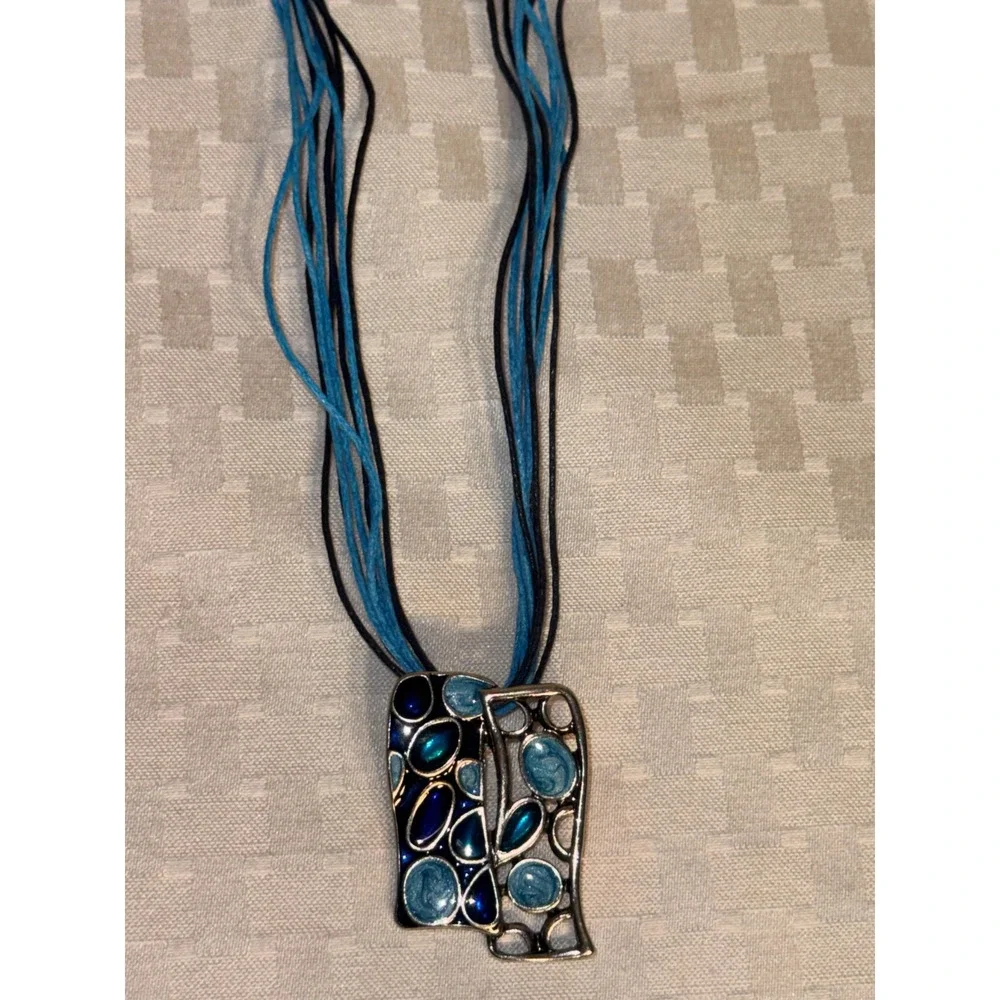 JJRPK Blue & Black Enamel Geometric Pattern Pendant Necklace & Earring Set New